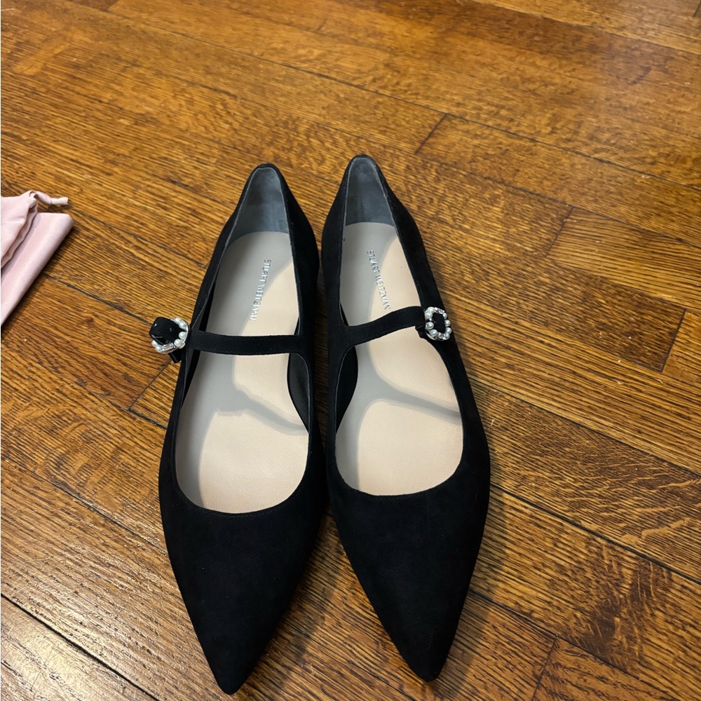 Stuart Weitzman Black Pointed Toe Flats with Embellished Strap